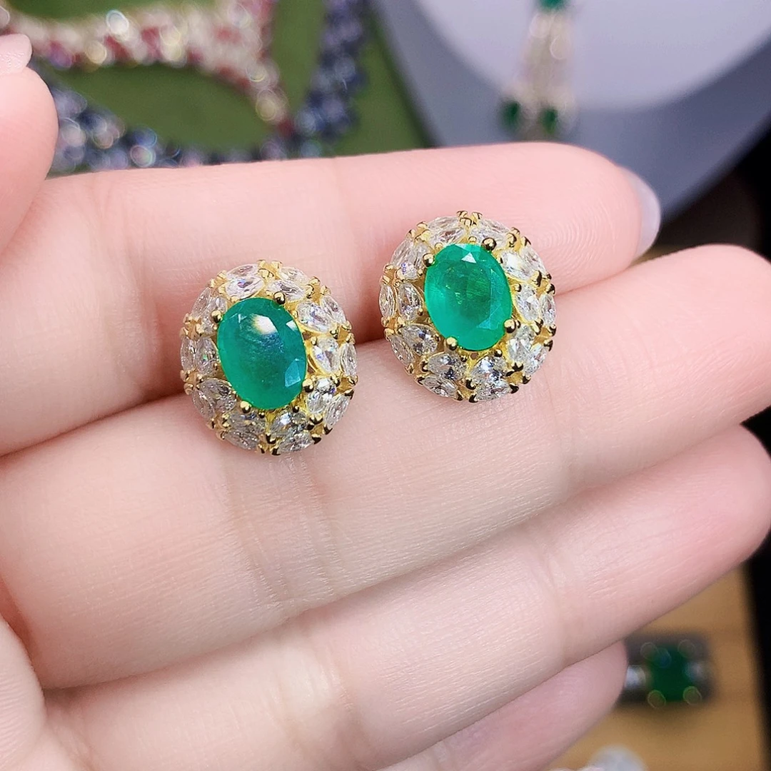 祖母绿耳饰银S925镶嵌