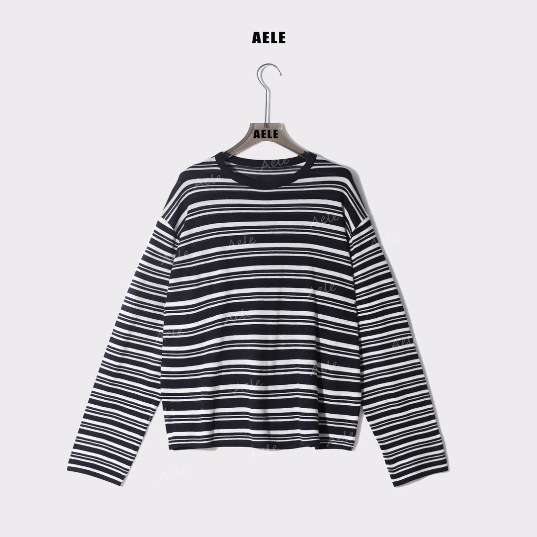 AELE圆领慵懒长袖宽松针织条纹衫 百搭松弛老钱风 X853 2258 AD