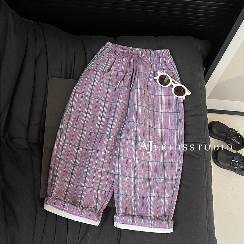 阿卷冬装韩版儿童复古格纹毛呢加绒加厚休闲裤MPG5497