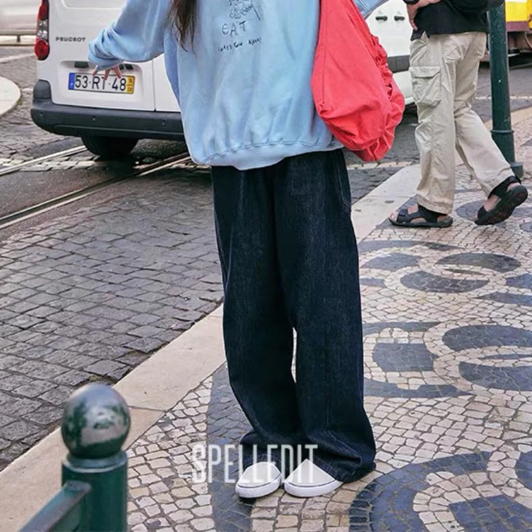 SP2025秋季新品后系带阔腿裤显瘦宽松棉直筒牛仔裤（原单）