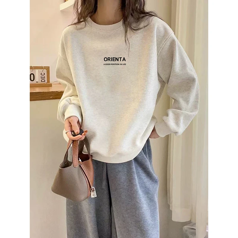 2025新款春秋季薄款圆领白灰色卫衣女宽松设计感小众慵懒爆款上衣