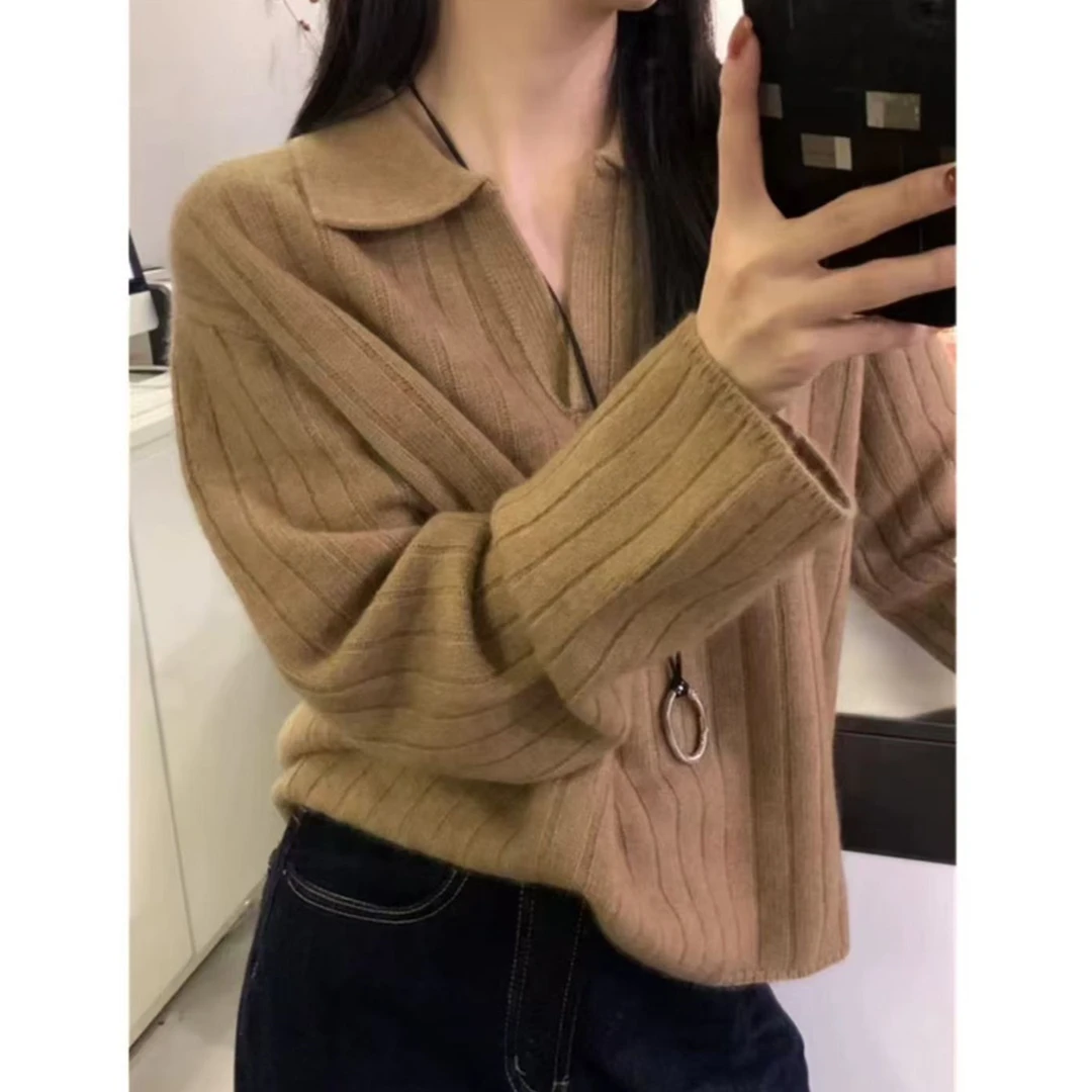 法式POLO领毛衣秋冬新款宽松毛衣复古翻领针织长袖上衣打底针织衫