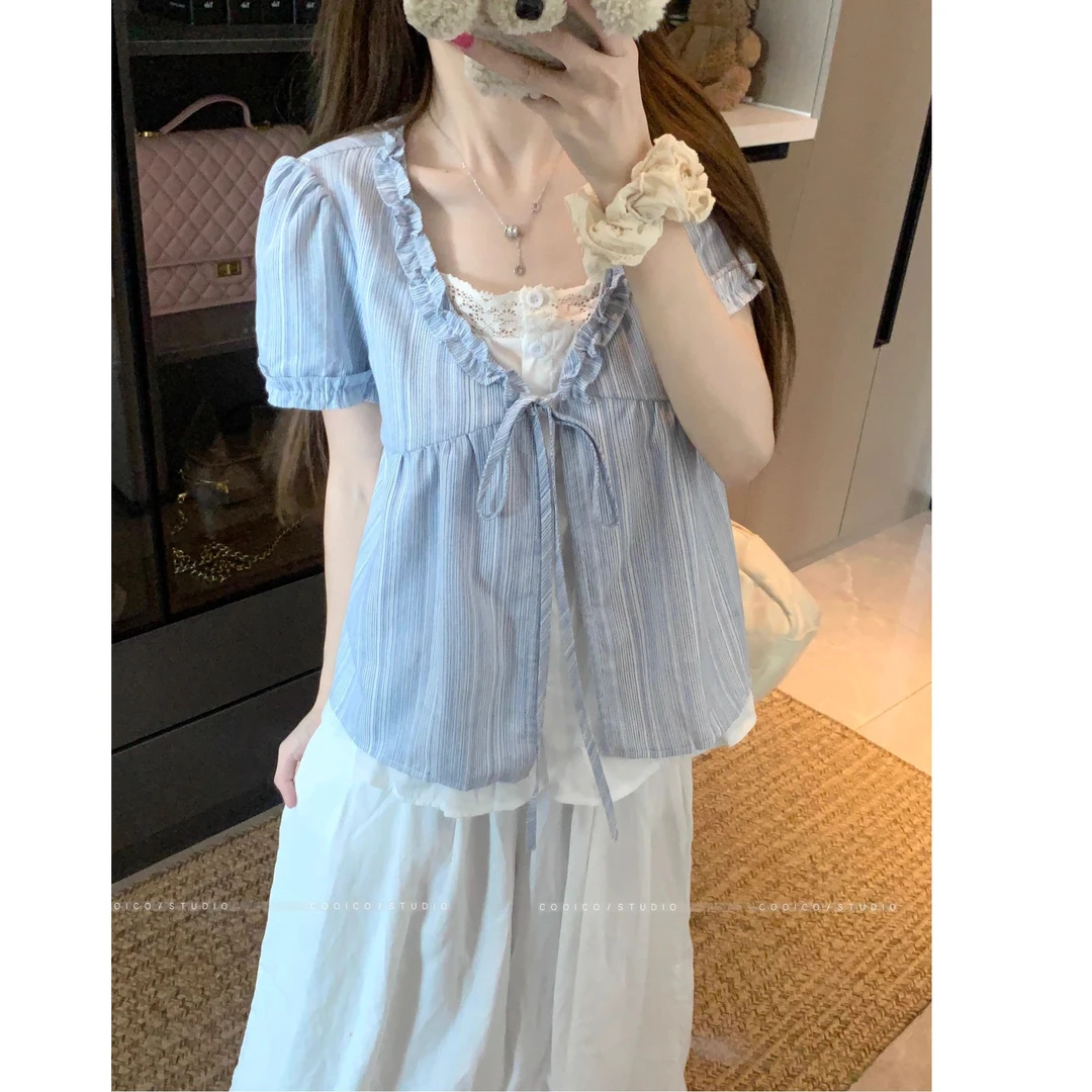 大码女装胖mm夏季韩系独特漂亮短袖衬衫系带设计感假两件显瘦上衣