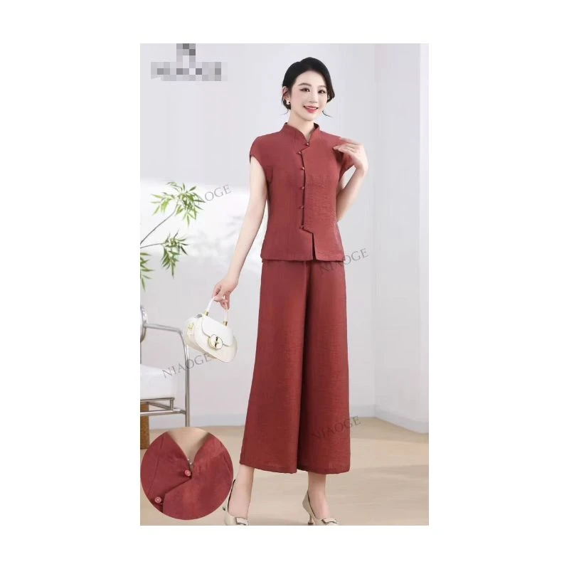 【HT974】新中式复古衬衫套装女夏季新款中年妈妈阔腿裤减龄两件套