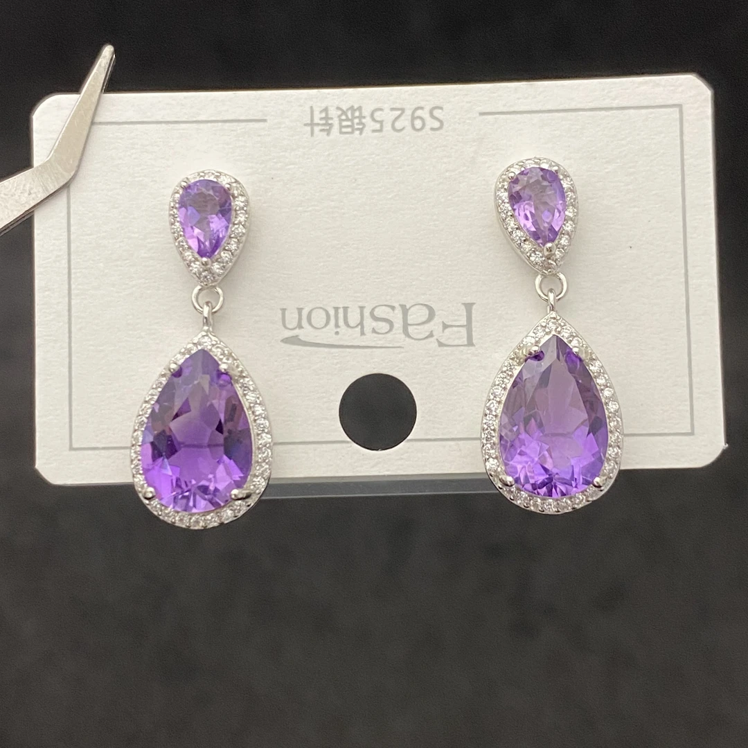 天然紫水晶长款耳饰s925银 大主石8*12mm 轻奢精致大方时尚百搭