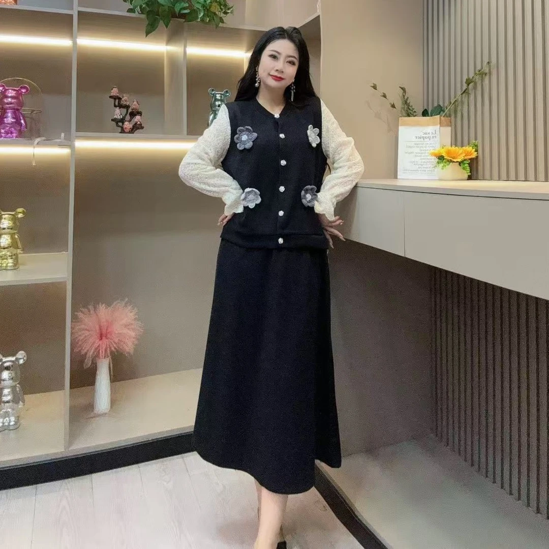 冬季套装-酷 3619时尚甜美花朵拼接设计显瘦款胖MM大码女装新款