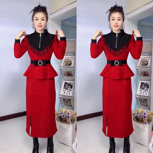 时尚显瘦气质秋冬新款收腰保暖上衣裙子套装女百搭