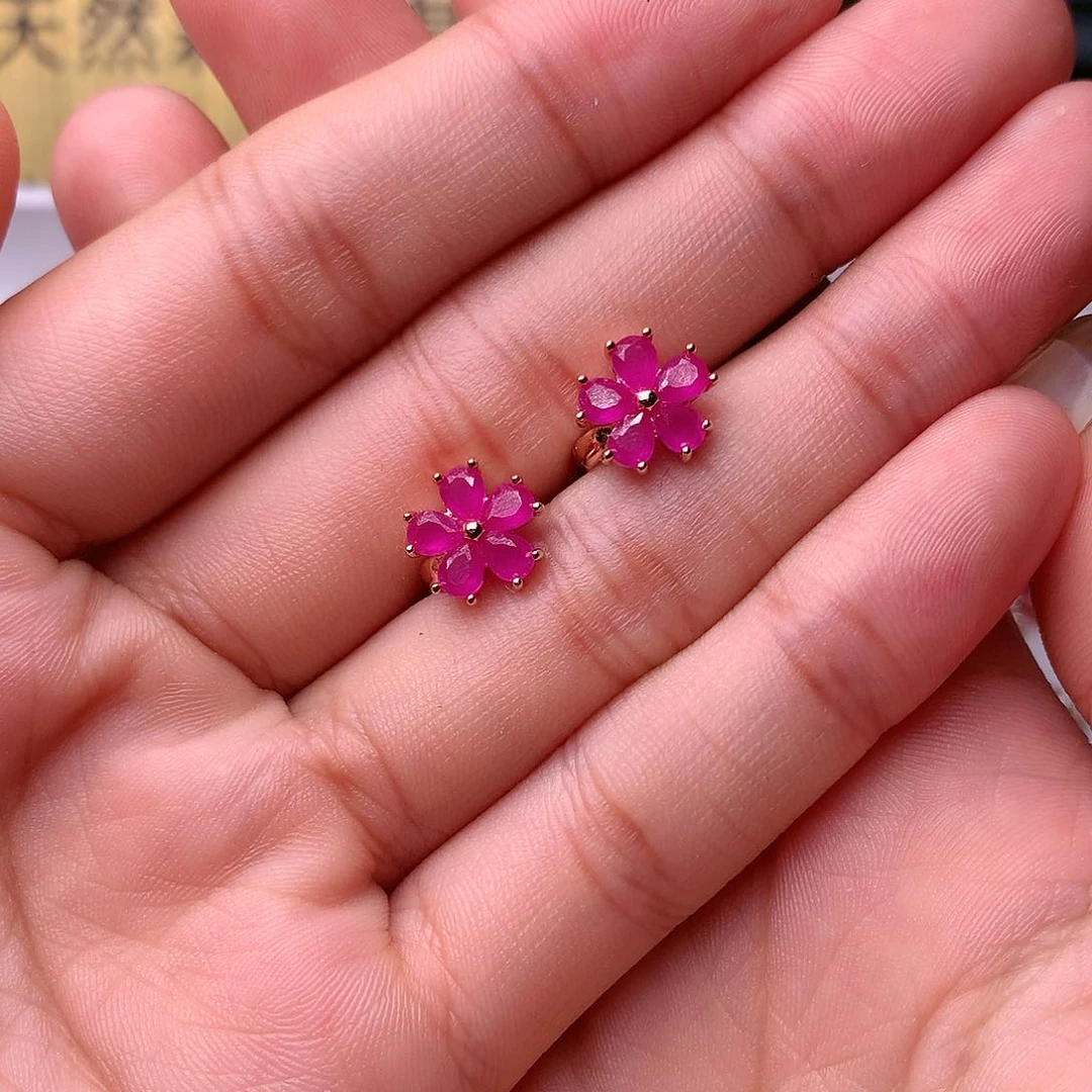 红宝石耳饰银S925镶嵌