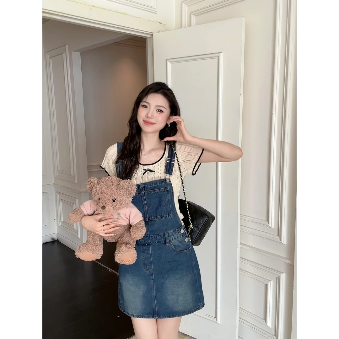 48h山茶花/加长法式正肩气质轻薄镂空撞色蝴蝶结针织上衣 SU221