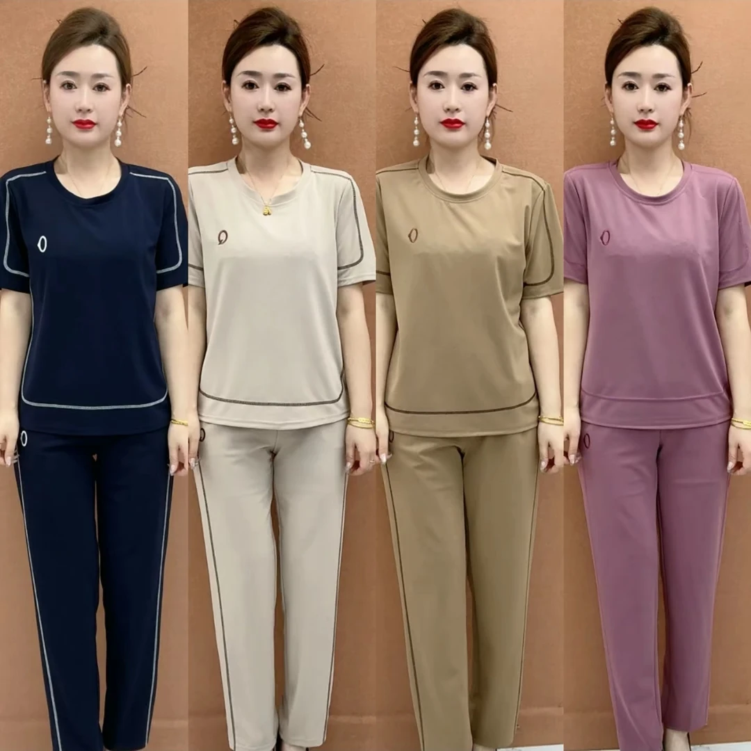 时尚洋气气质减龄显瘦妈妈两件套套装短袖大码休闲圆领套装