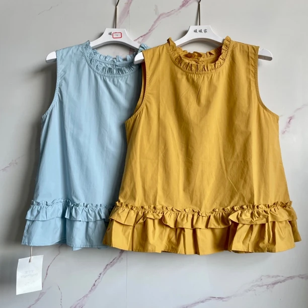 时尚女夏季复古韩版休闲森系上衣 木耳边纯棉百搭圆领纯色背心女