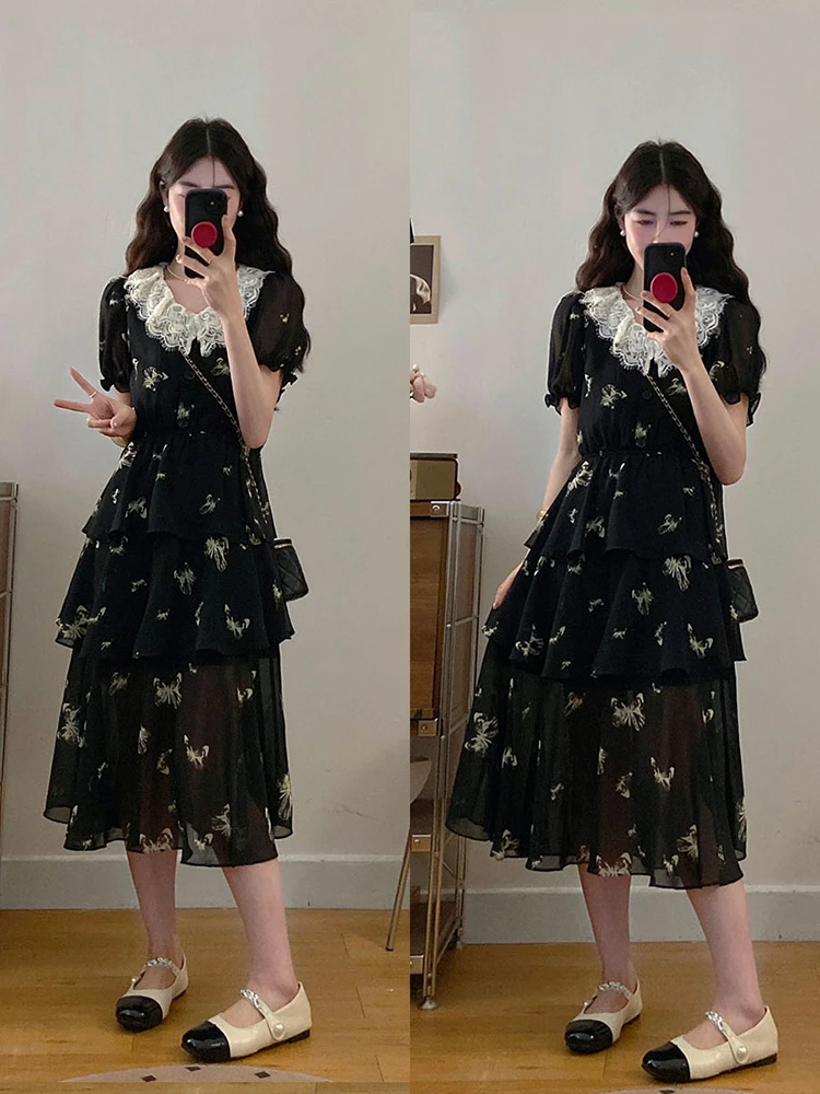 大码连衣裙拼接四季通用常规长裙蕾丝拼接V领遮肉显瘦蛋糕裙