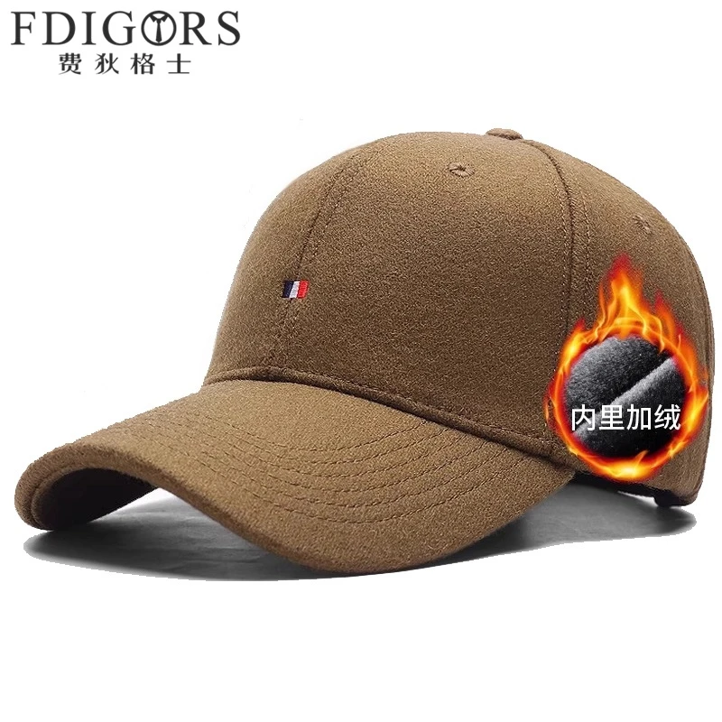 FDIGORS后封口帽子男款冬季高级驼色毛呢防寒鸭舌帽大头围棒球帽