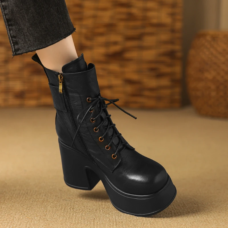 牛皮10cm新款粗跟高跟短靴增高厚底女靴子小个子英伦风系带马丁靴