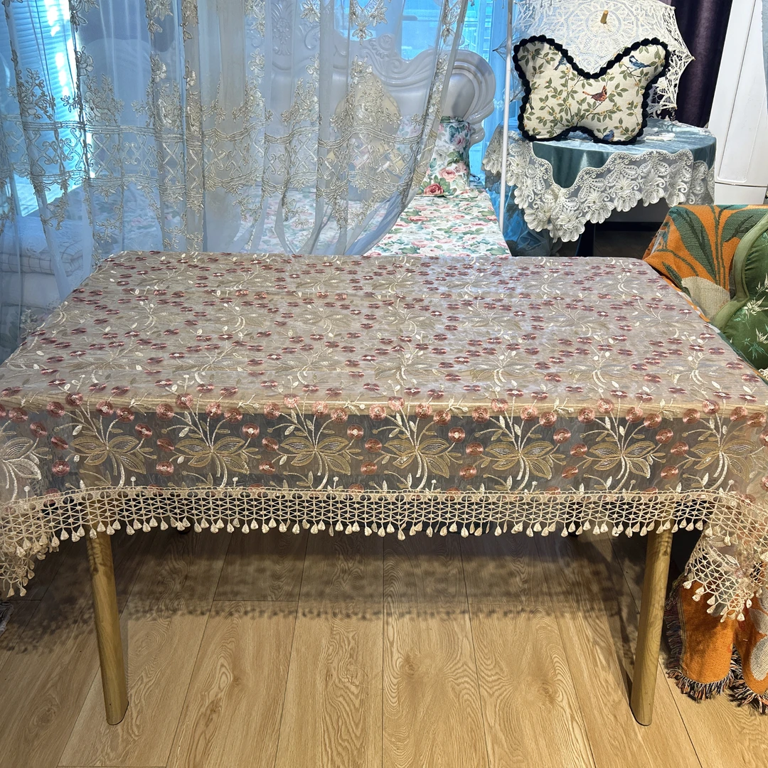 DY137-7-4 玻璃纱（130*180cm方)米底粉色有钱花蕾丝边盖巾