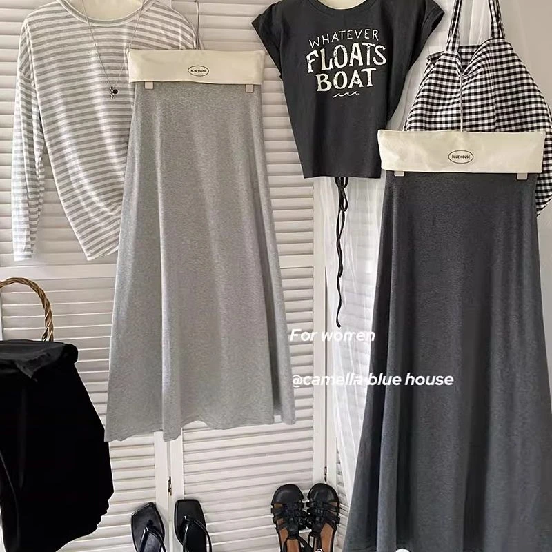 韩系简约糯叽叽莫代高腰垂感半身裙女夏气质显瘦百搭休闲长裙