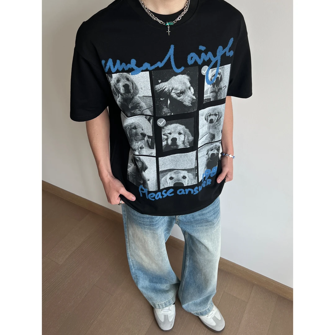 UNLG美式复古金毛小狗重磅纯棉短袖t恤男夏季宽松休闲vintage上衣