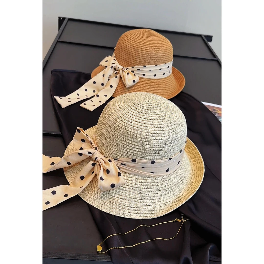 赫本风卷边蝴蝶结波点帽女夏季大帽檐出游沙滩海边遮阳帽子