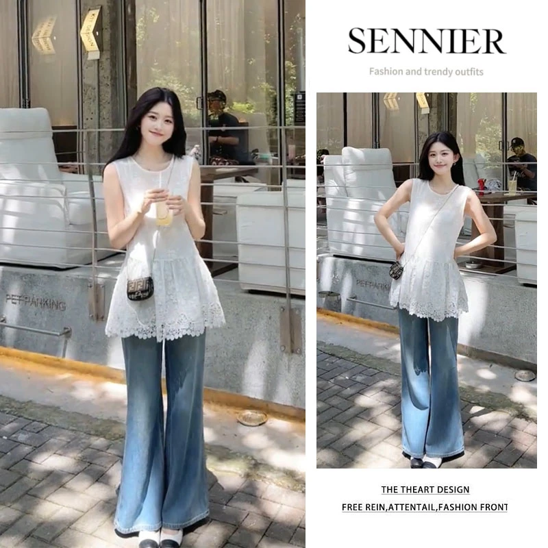 韩系穿搭2025夏季新款百搭蕾丝无袖上衣显瘦阔腿牛仔裤两件套装女