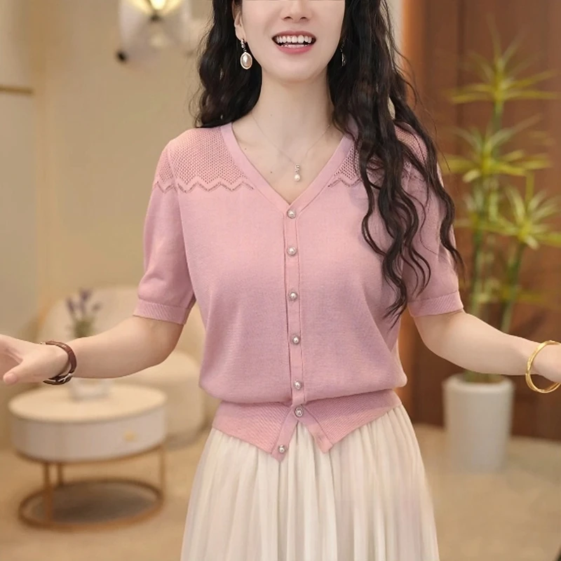 2025新款短袖V领镂空针织开衫女气质百搭减龄遮肉夏季透气小衫