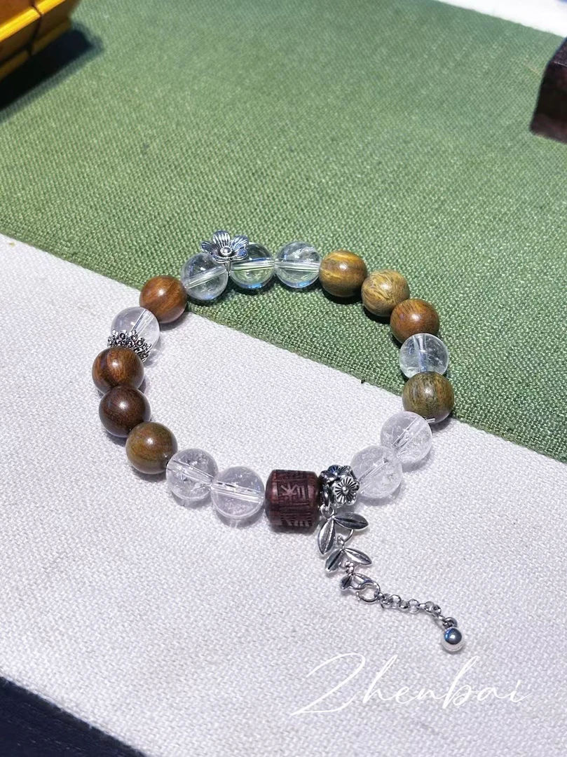 臻柏【不染】原创设计天然白水晶绿檀木手串ZBZB8005