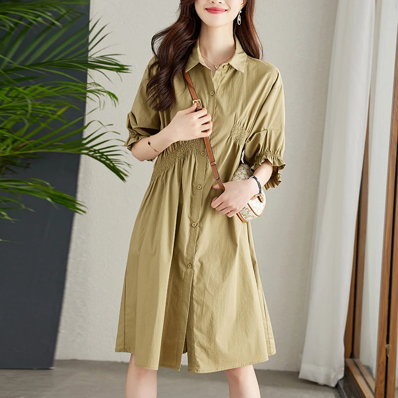 气质连衣裙收腰显瘦中长款灯笼袖不对称褶皱衬衫裙女夏设计感裙子