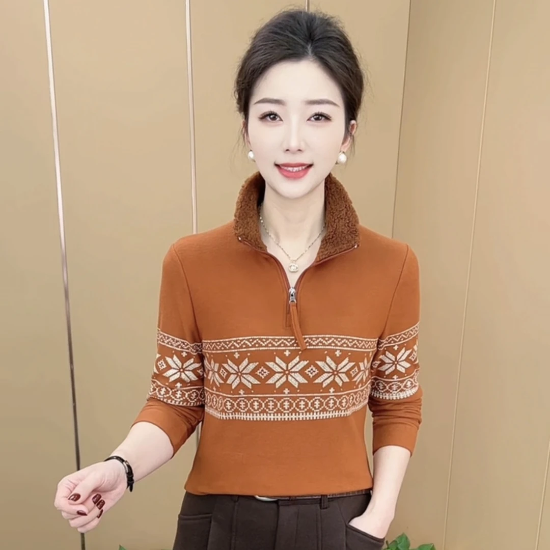 冬季新款时尚立领半拉链休闲洋气妈妈装双面绒打底长袖上衣K6215