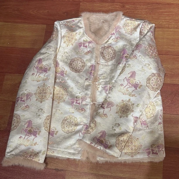 双面穿新中式冬季水貂毛加绒加厚圆领上衣新中式提花外套