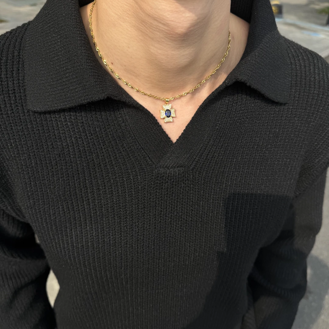 钛钢锆石吊坠 钛钢项链 POP原创十字星芒项链吊坠高级质感小众风