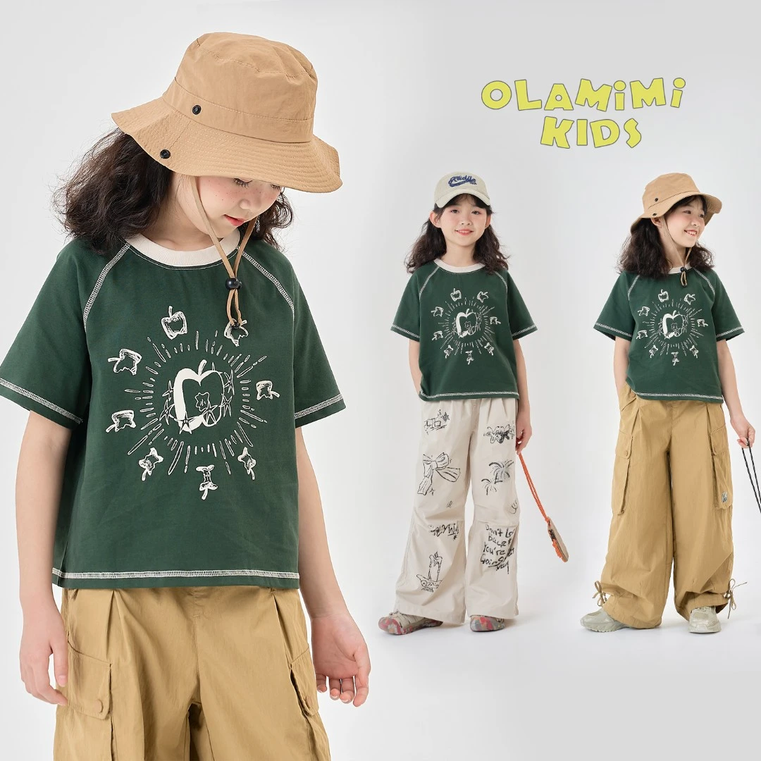OLAMIMI定制2025春夏 亲子美式复古甜酷风涂鸦印花休闲短款T恤