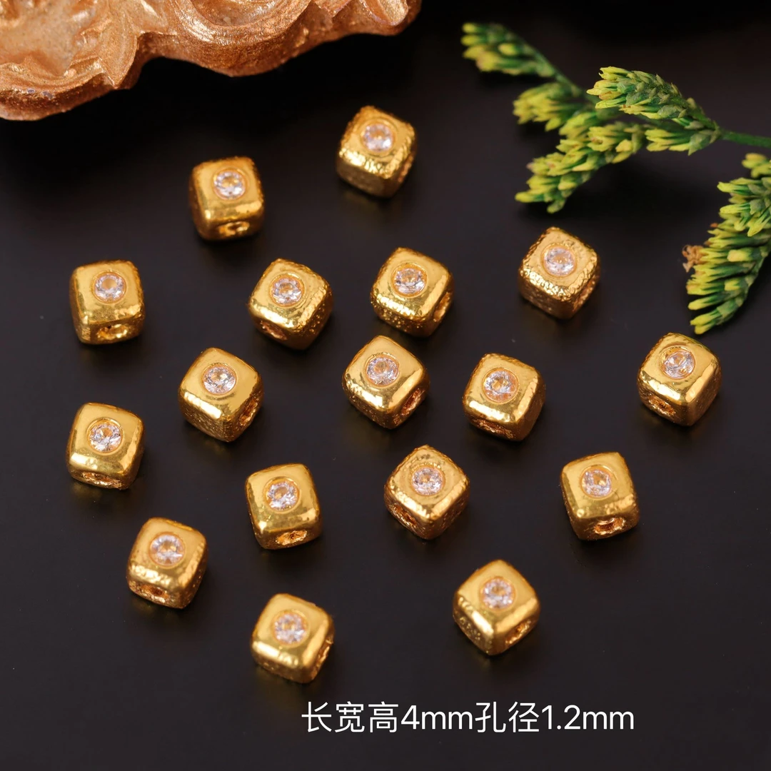 【来福工厂】18k金豪镶爆闪锤纹4mm方糖金珠隔珠DIY文玩编绳配饰