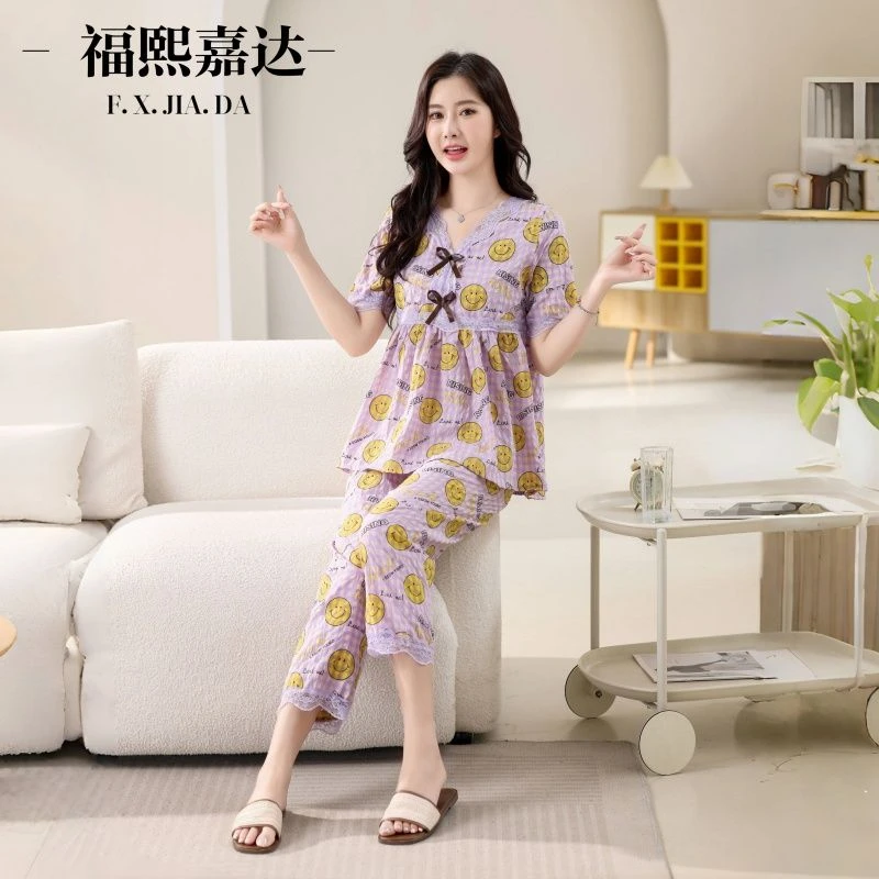 爆款睡衣女格子套装夏季蕾丝短袖洋气甜美宽松显瘦可外出居家服