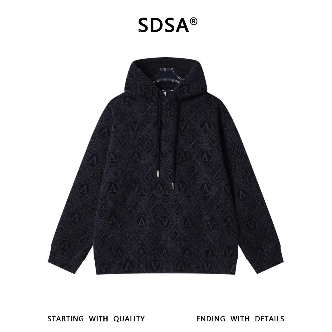 SDSA男士秋冬新款痞帅男装潮牌设计感绒毛菱形格字母连帽卫衣百搭