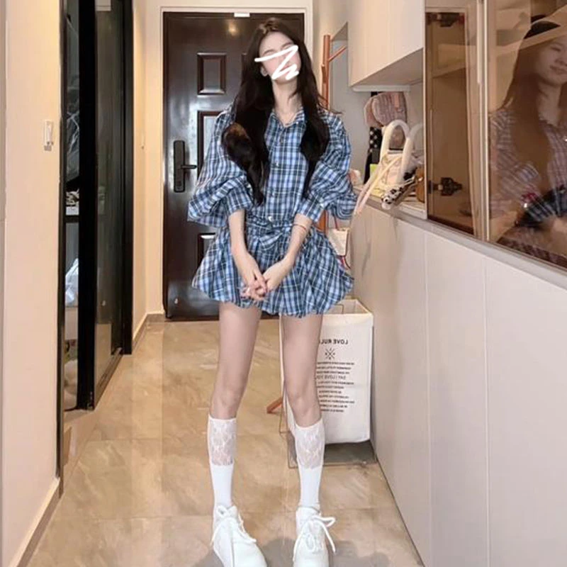 蓝色格子衬衫连衣裙子女2025新款开春季穿搭高级感小个子夏季套装