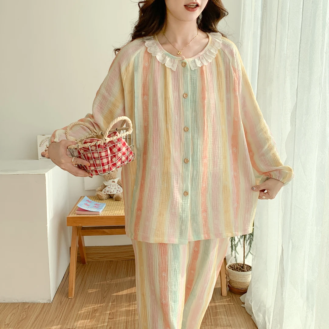 婴儿棉泡泡纱孕妇哺乳睡衣产前后纯棉月子服套装透气家居服