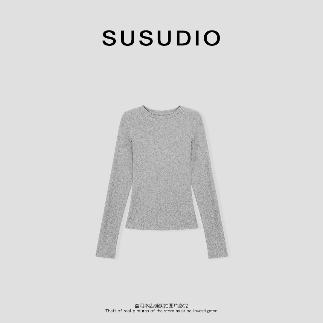 SUSUDIO 100棉纸片人极简打底亲肤透气修身显瘦纯色长袖T恤10637