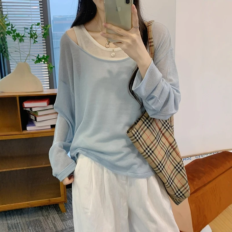 蓝色冰丝两件套针织衫女春夏慵懒风宽松吊带背心薄款防晒罩衫上衣