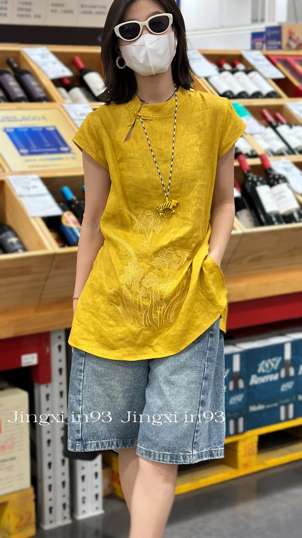 HXX【100亚麻国风上衣】花卉刺绣盘扣飞袖显瘦上衣