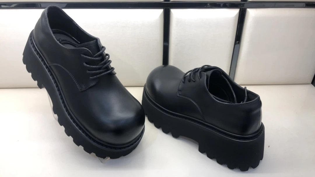 木25008-2牛皮乐福鞋女圆头厚底粗跟德比鞋