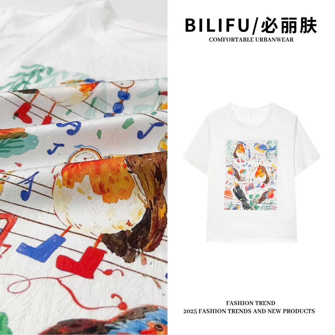 BILIFU/必丽肤彩绘观鸟图印花AB面T恤春夏百搭桑蚕丝圆领上衣8859
