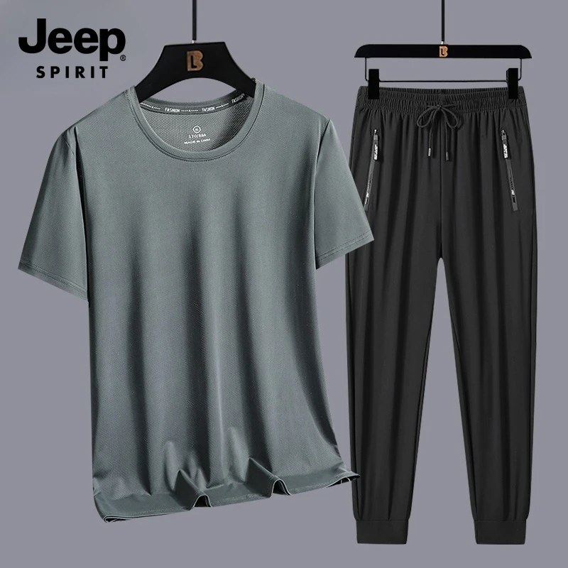 JEEP SPIRIT吉普夏季新款运动休闲冰丝两件套时尚圆领短袖速干套