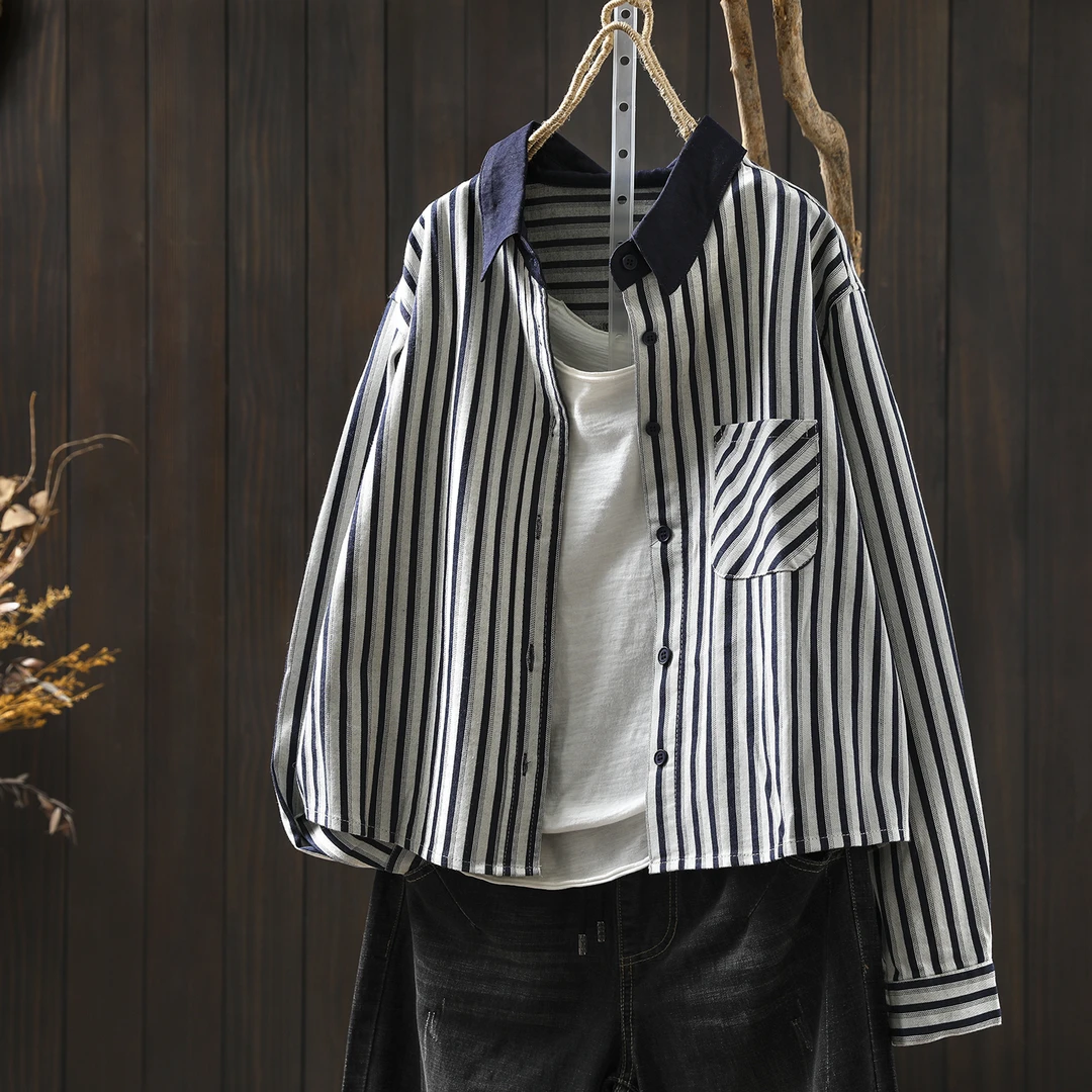 衬衣女款2025新款爆款早秋小个子条纹牛仔领拼接宽松长袖短款衬衫