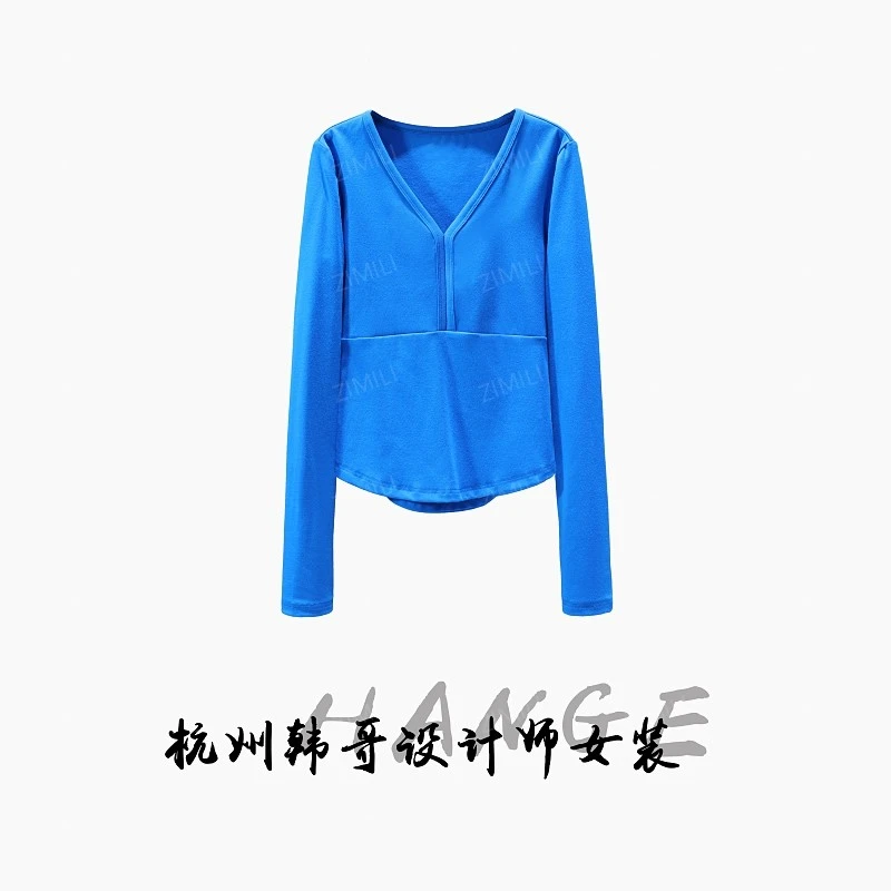 【韩哥女装】2025冬季加厚《赛里木湖系列》蓝色V领修身打底衫5813-A7