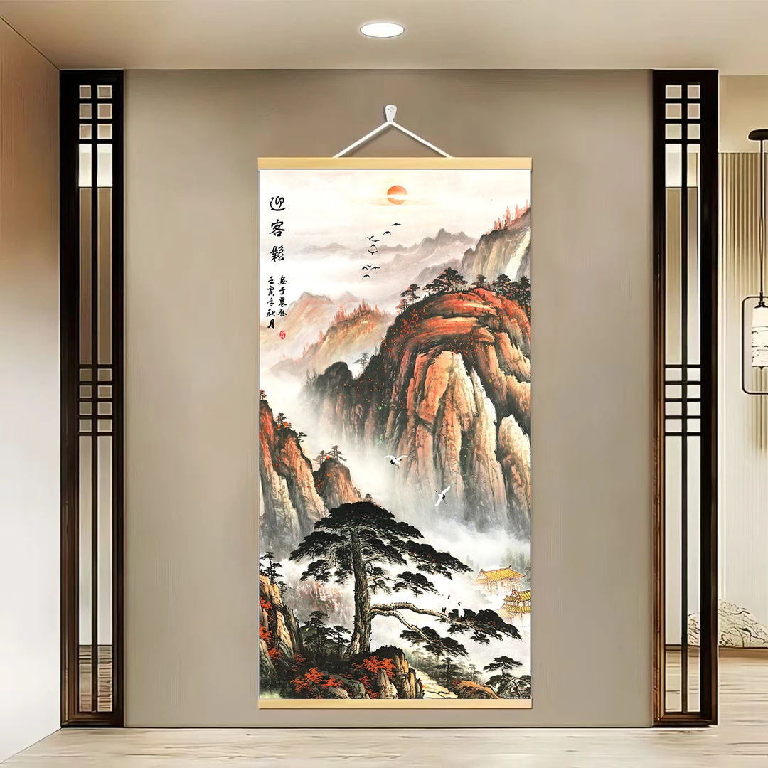 {727迎客松}60x120cm现代简约挂轴装饰画办公室家居装饰画