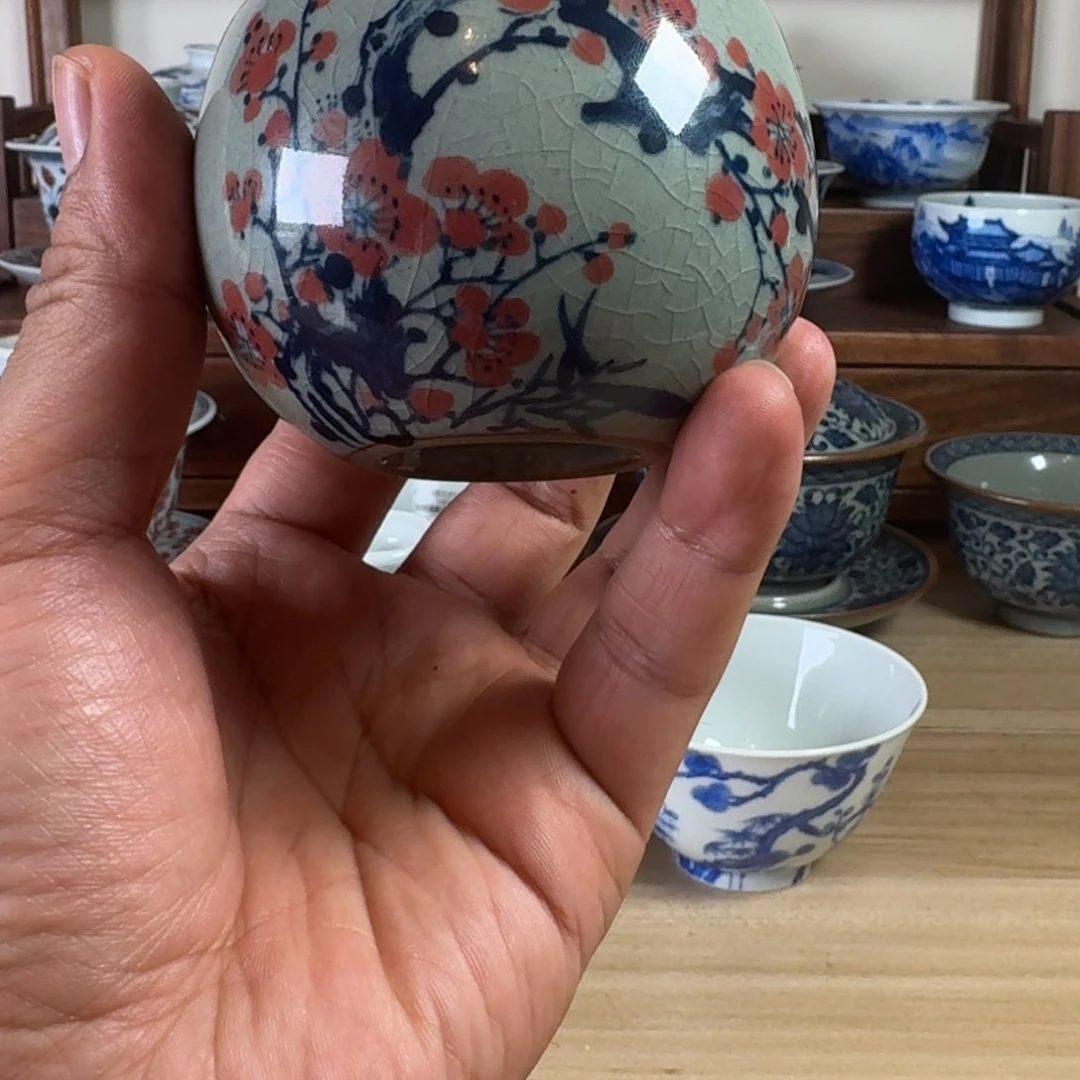 景德镇全手工手绘老陶泥梅花缸杯