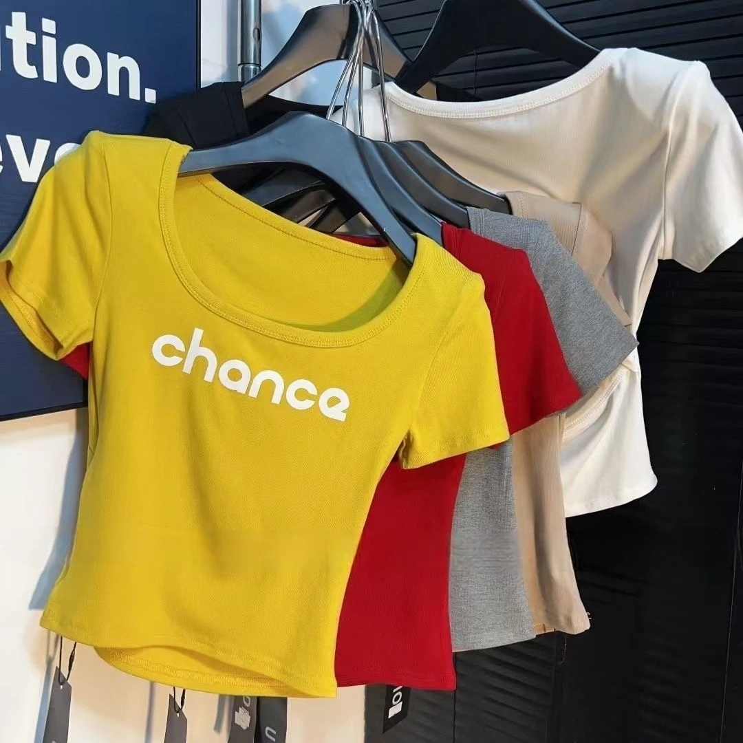 2025新款韩版辣妹低U领印花短袖T恤女夏季时尚修身显瘦短款上衣潮