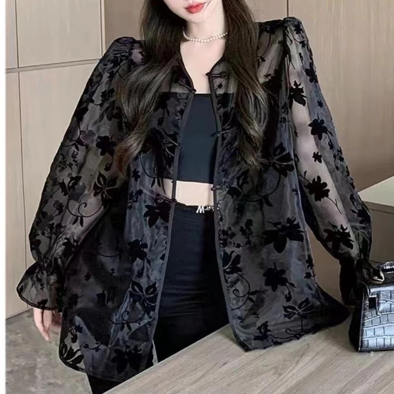 （大嘴）新中式盘扣上衣长袖女夏季新款气质网纱宽松防晒开衫5002