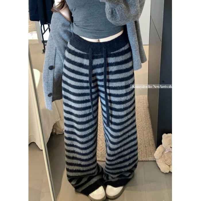 撞色条纹毛绒抽绳休闲裤女秋冬复古针织拖地裤子显瘦直筒阔腿长裤