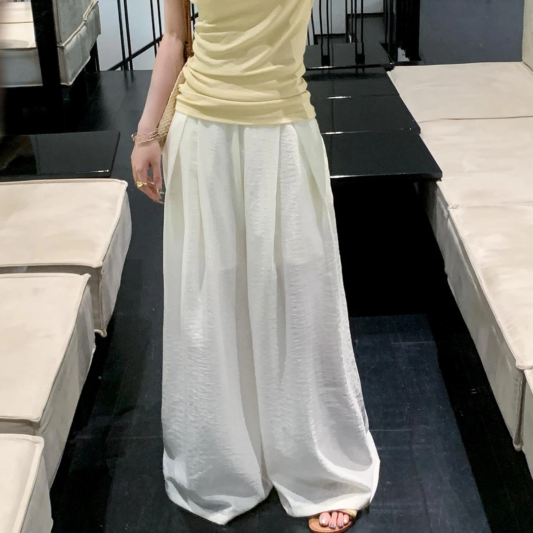 米白色简约百搭高腰直筒宽裤女夏遮肉显瘦休闲 裤子