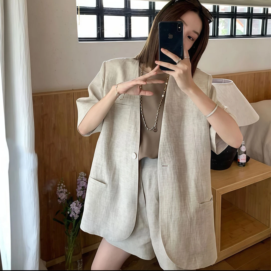 宽松法式短袖休闲风韩版V领西装显瘦夏季小众七分袖百搭春夏套装